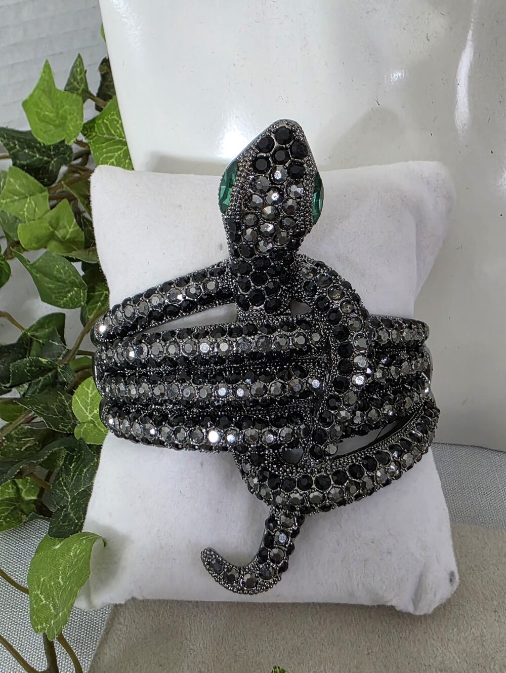 Statement Snake Hinge Bracelet with Black Crystals & Green Eye Detail